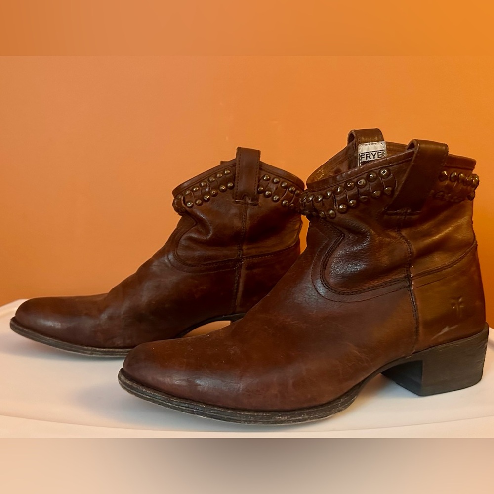 Studded Frye Brown Leather Ankle Boots